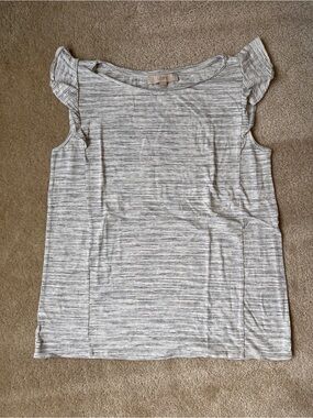 LOFT Heathered White, Gray, and Pale Blue Ruffle Sleeve Women’s Top